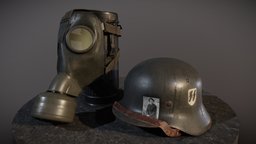 WWII German Helmet, Gasmask and Canister