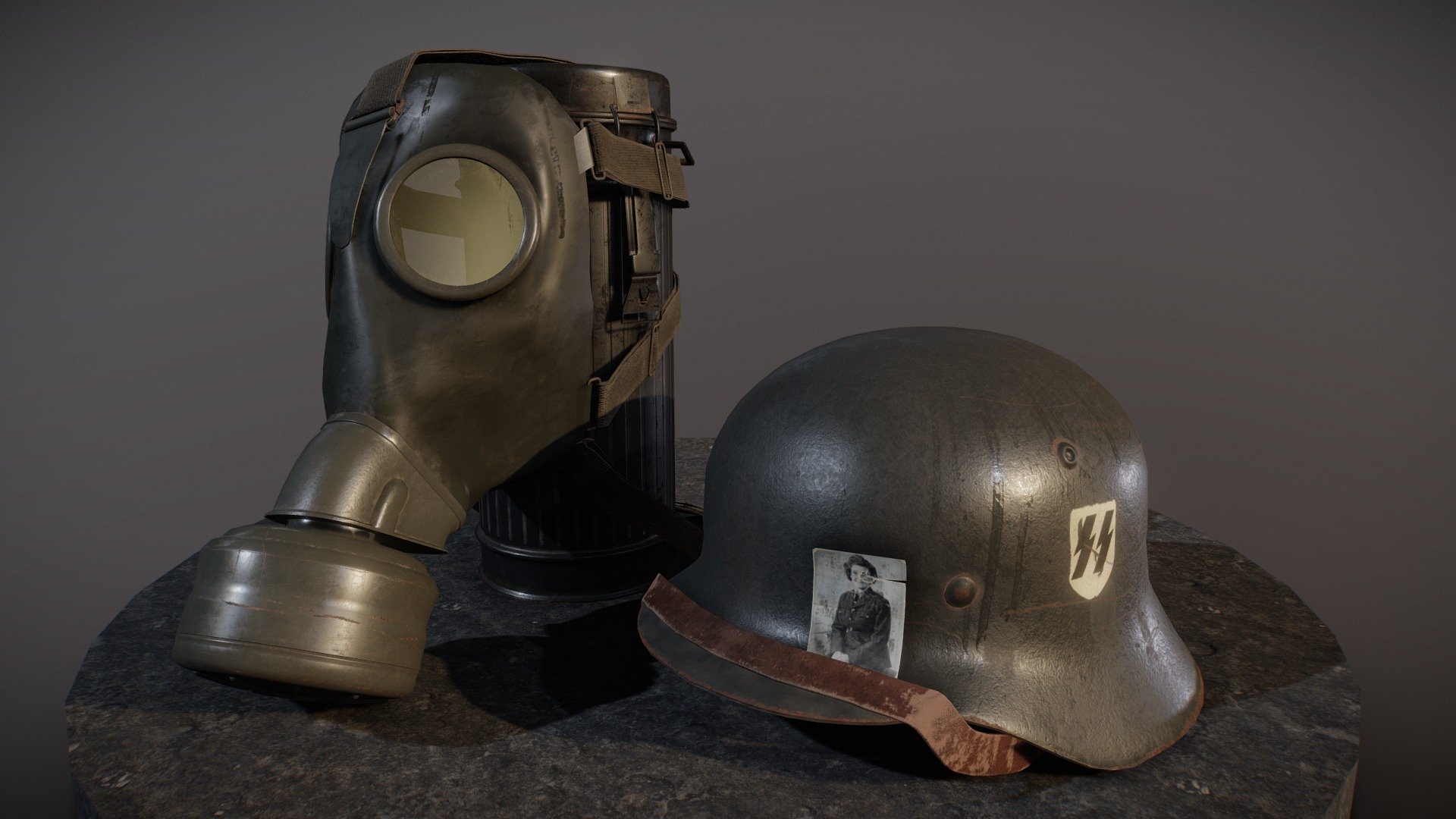 WWII German Helmet, Gasmask and Canister 3d model