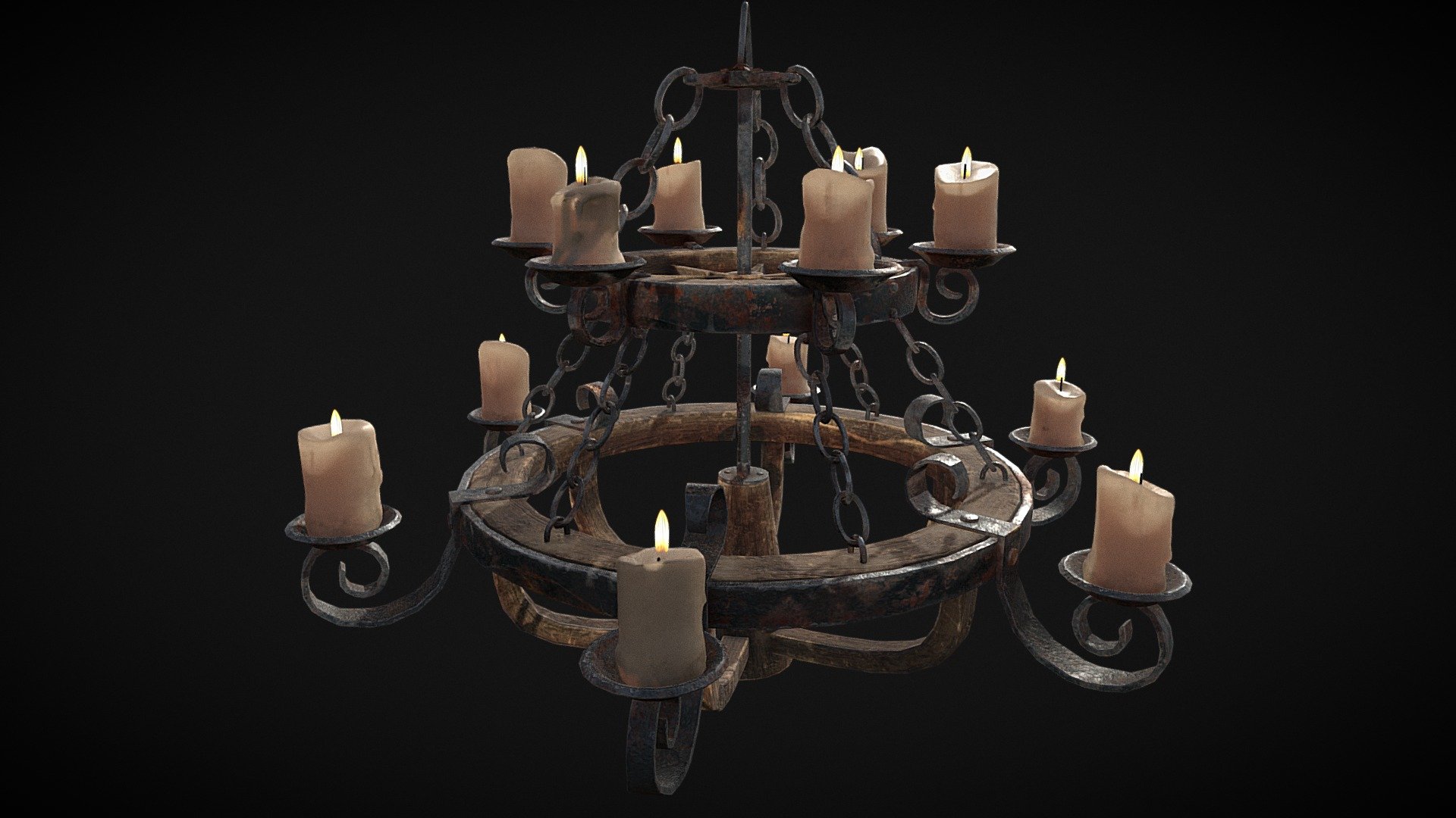 Rustic Medieval Wooden Candle Chandelier 3d model