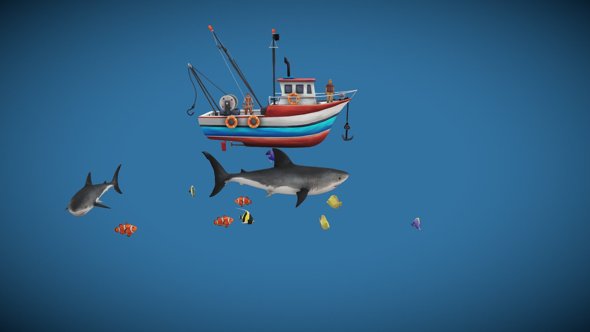 Animated Sharks Circling Fishing Boat Loop 3d model