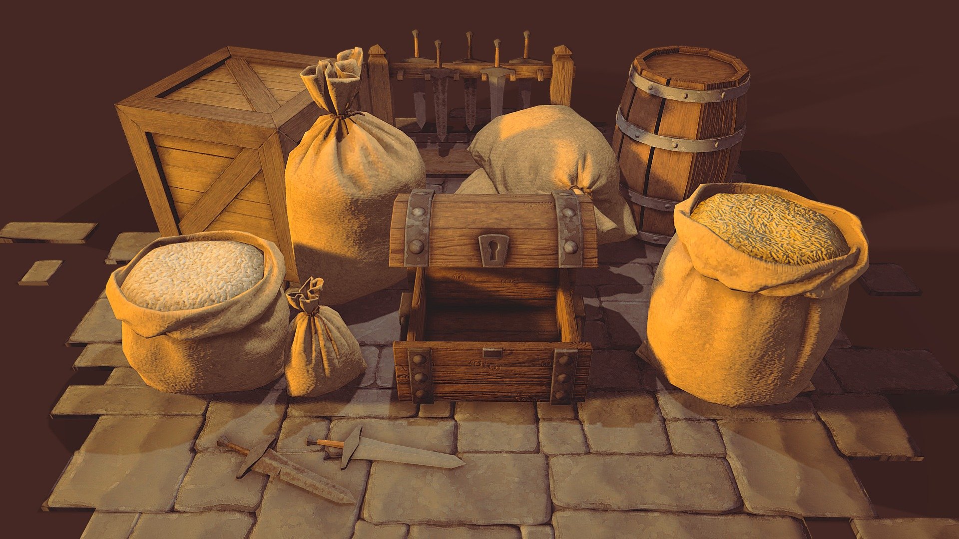 Medieval Burlap Sacks and other (Asset) 3d model