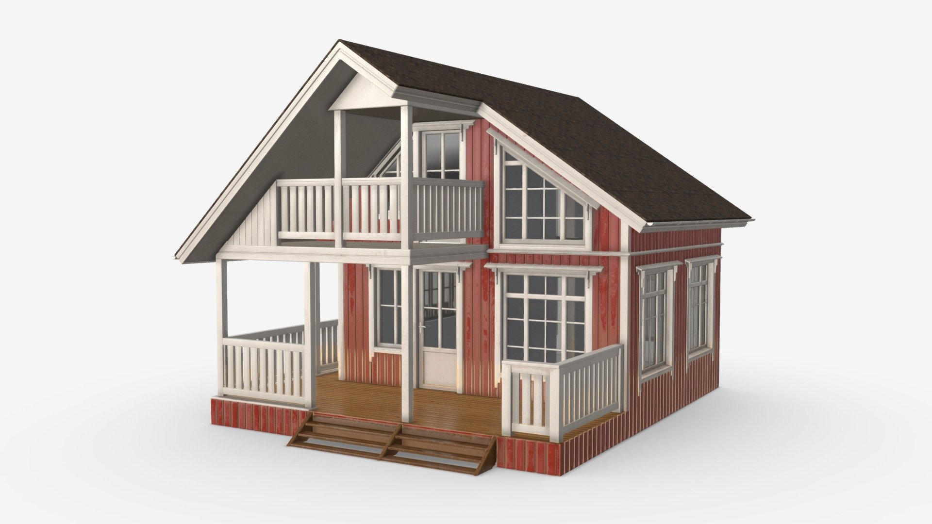 Classic Wooden Two Level House with Terrace 3d model