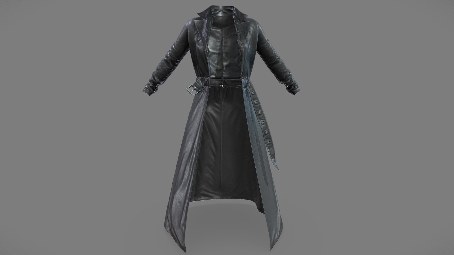 Female Open Front Long Black Leather Coat 3d model