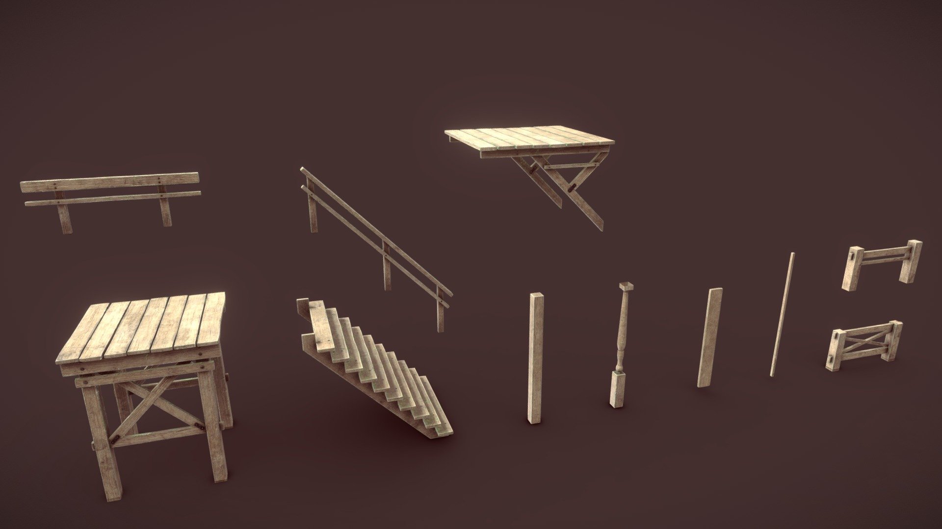 Free Wooden Scaffolding Set 3d model