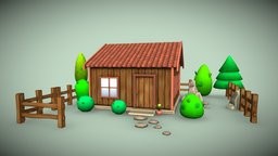 Set of stylized houses bushes trees stones fence