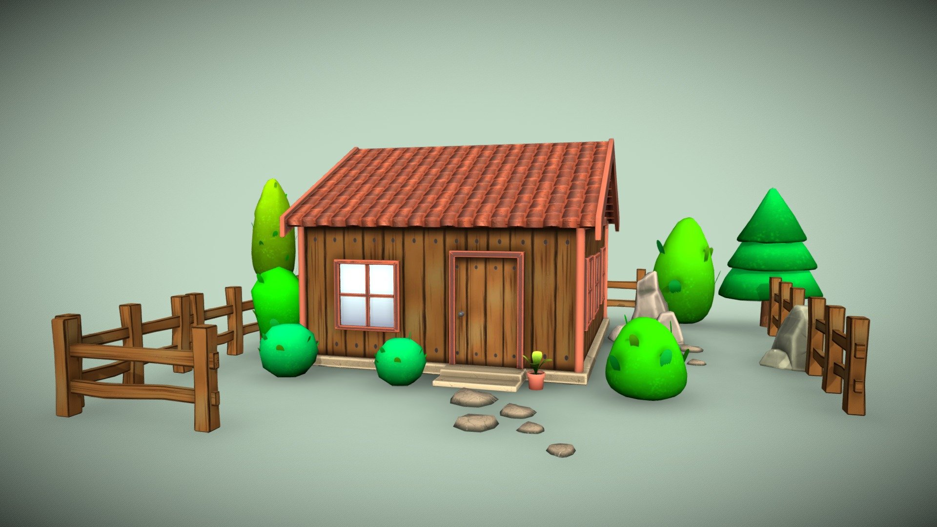 Set of stylized houses bushes trees stones fence 3d model