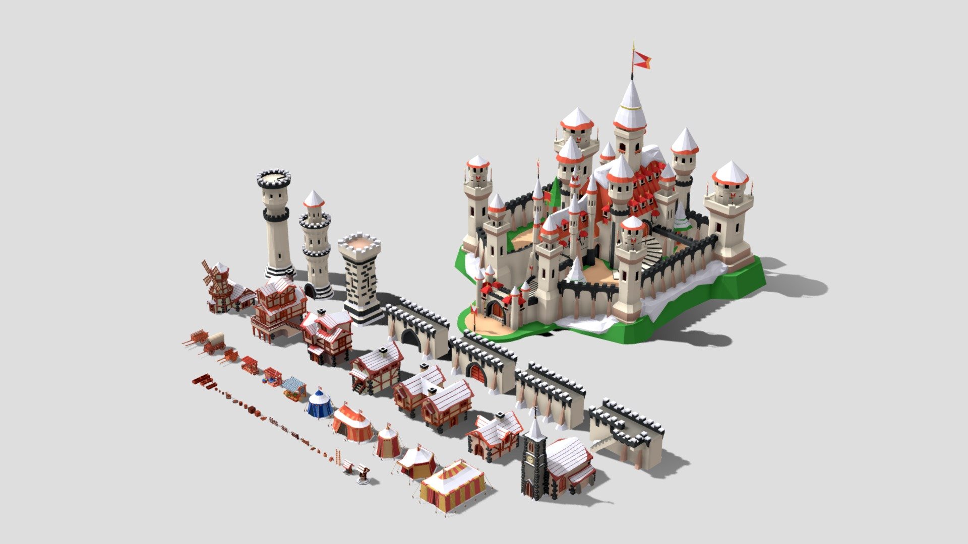 Low poly winter medieval castle and town pack 3d model