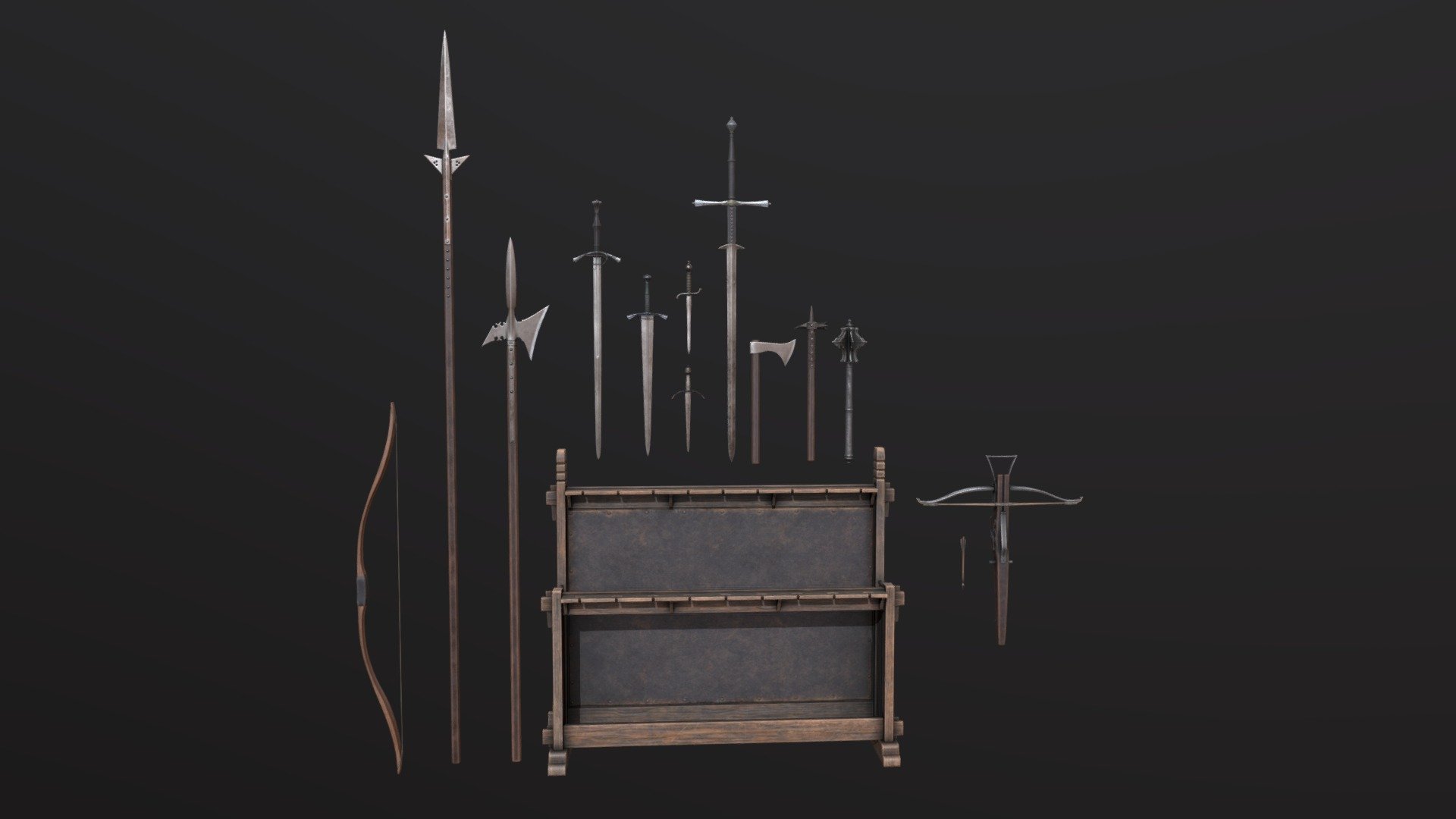 Medieval weapons with weapon rack 3d model