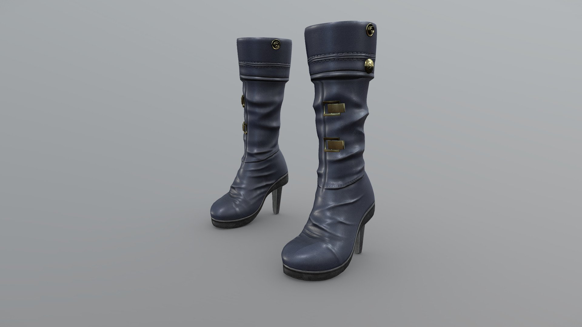 Female Navy Gold Buckles High Heels Calf Boots 3d model