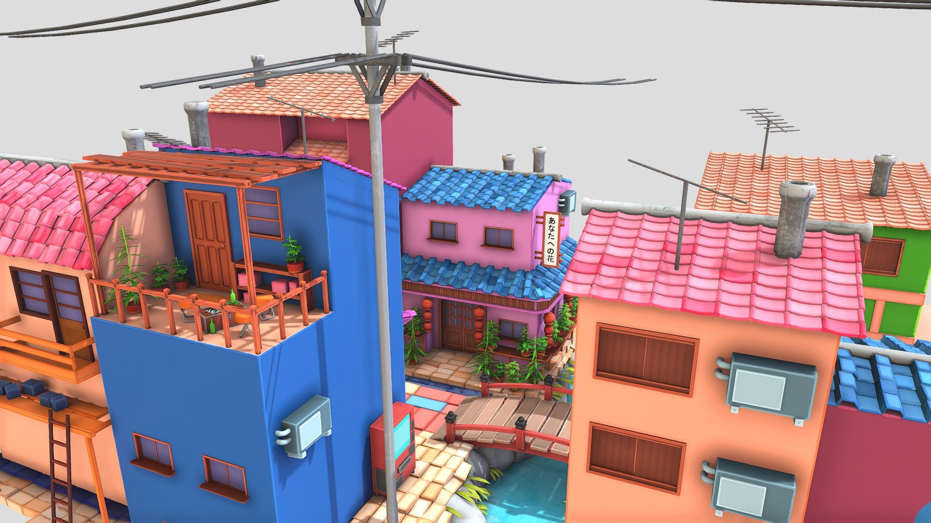 Stylized Little Japanese Town Street 3d model