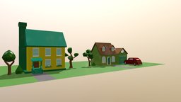 two houses, a garage and a car, low poly