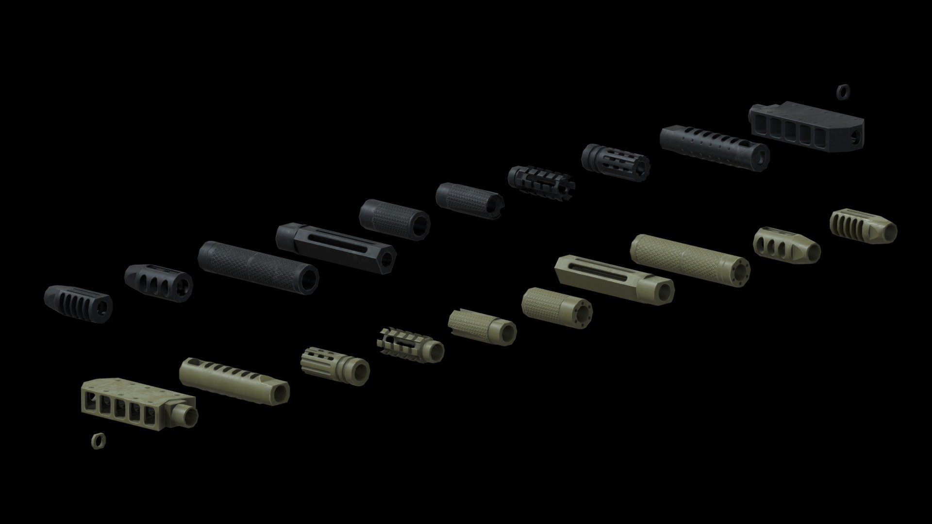 10 Lowpoly Muzzle Brakes / Flash Suppressors 3d model