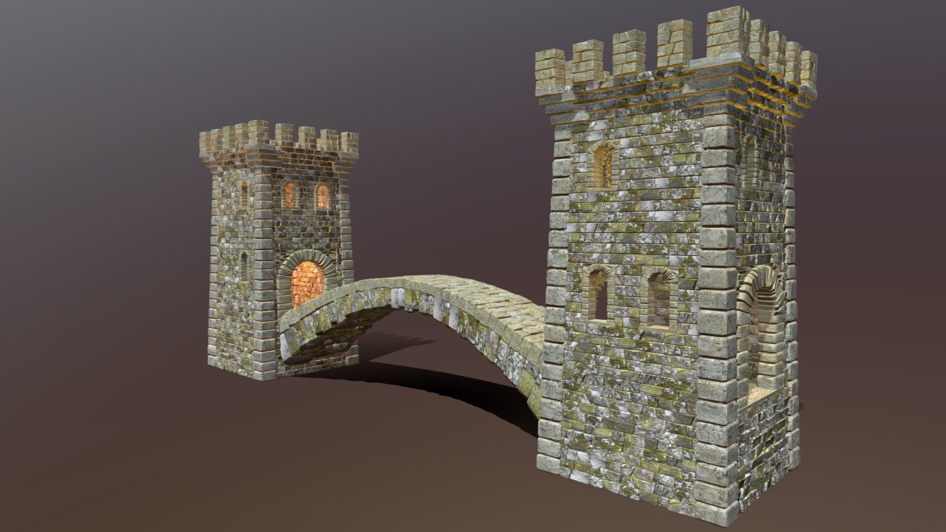 Two Medieval Towers and an Arch Bridge 3d model