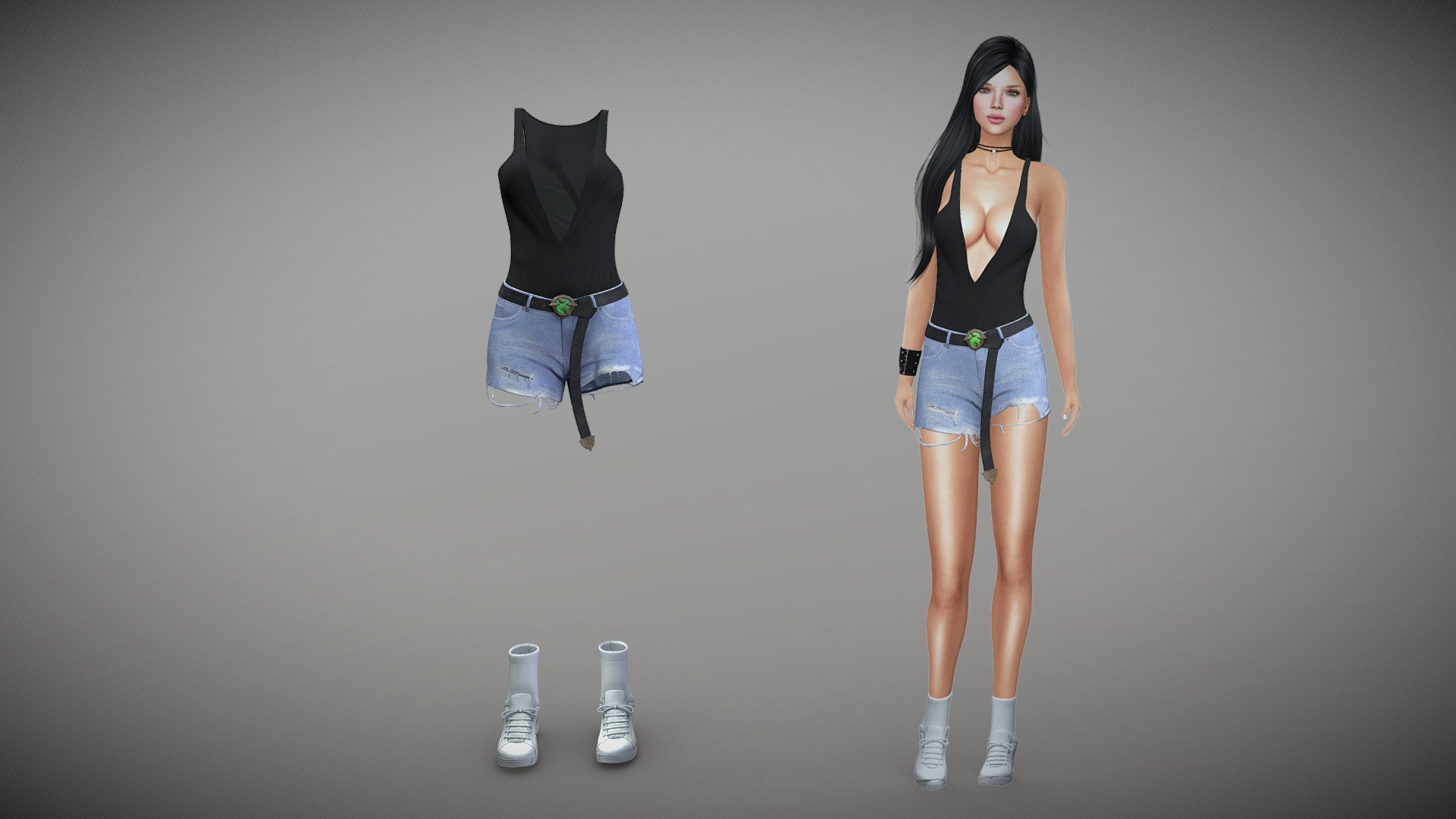 Torn Denim Shorts Top Shoes Casual Summer Outfit 3d model