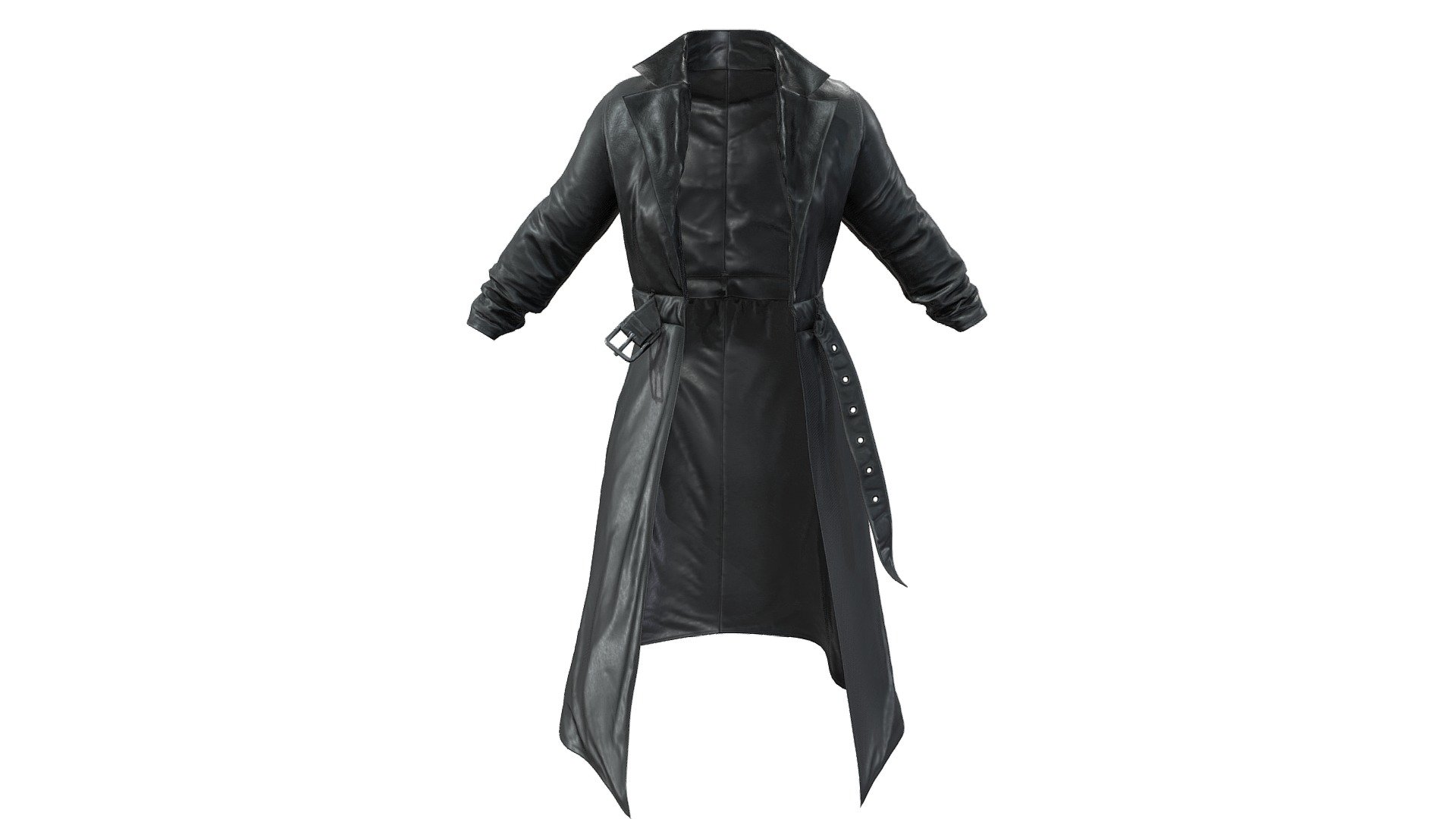 Female Long Black Leather Open Front Trench Coat 3d model