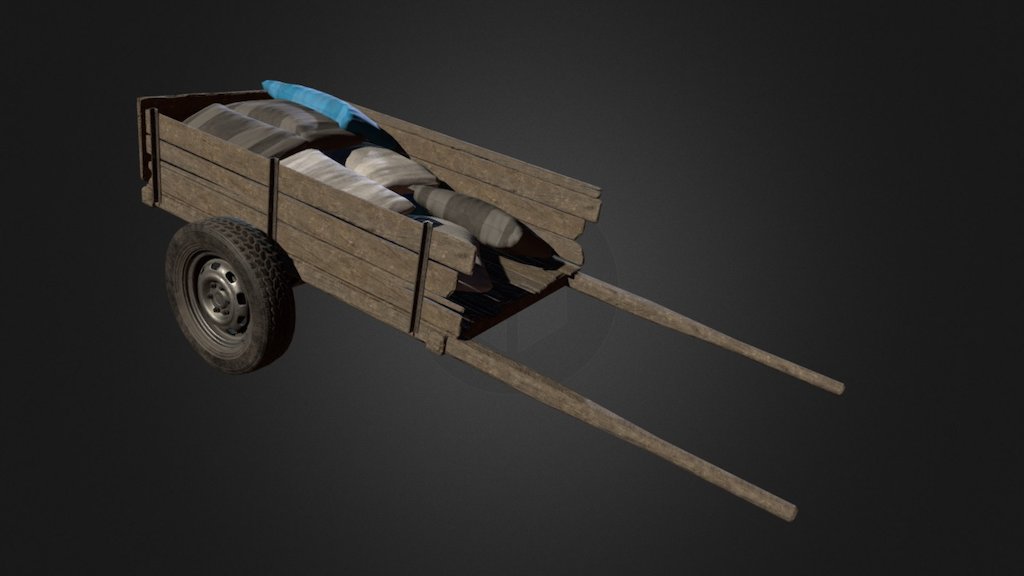 Wooden Cart with Sacks 3d model