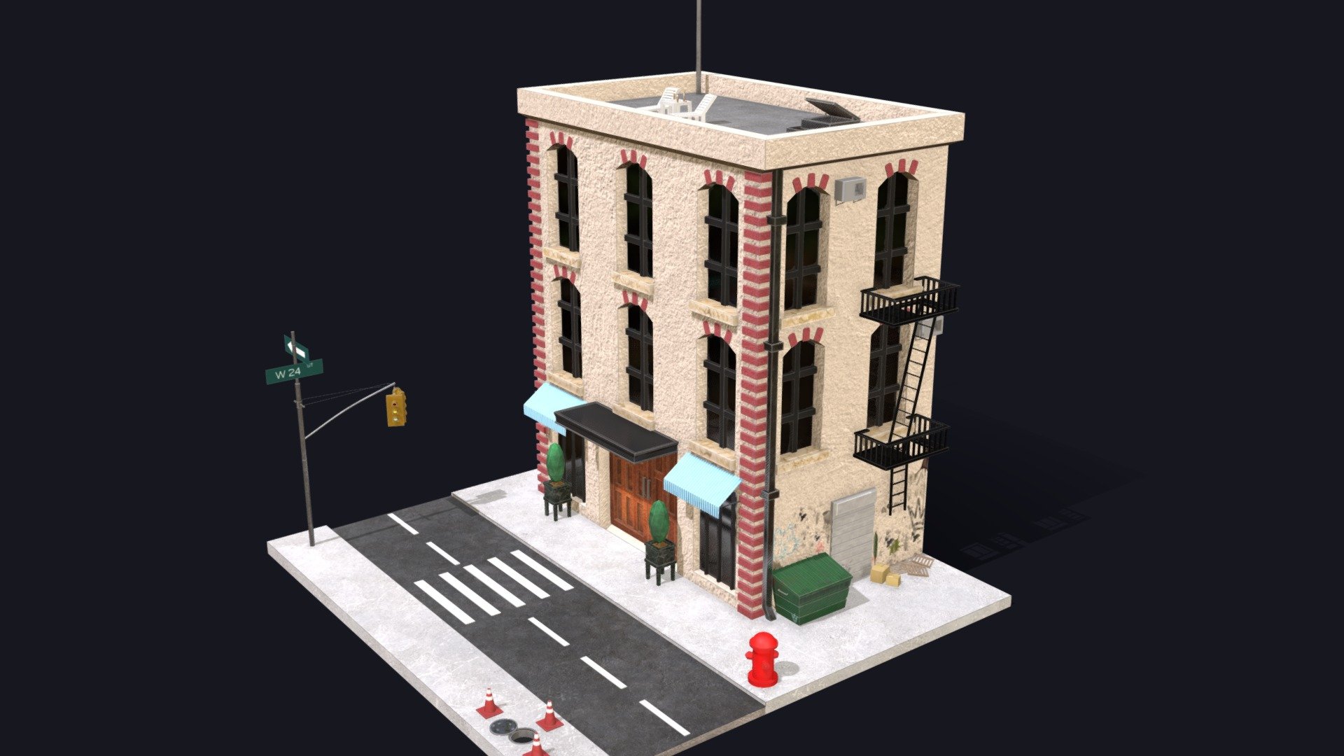 New York street with building low poly 3d model