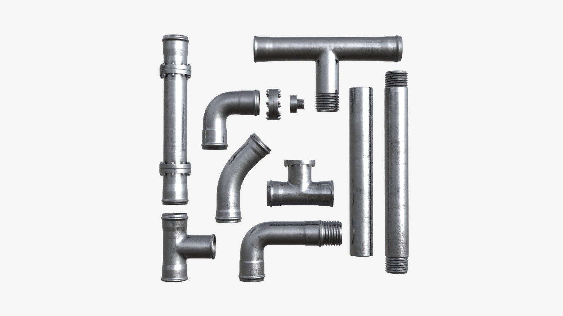 Metal Pipes with Fittings Set 3d model