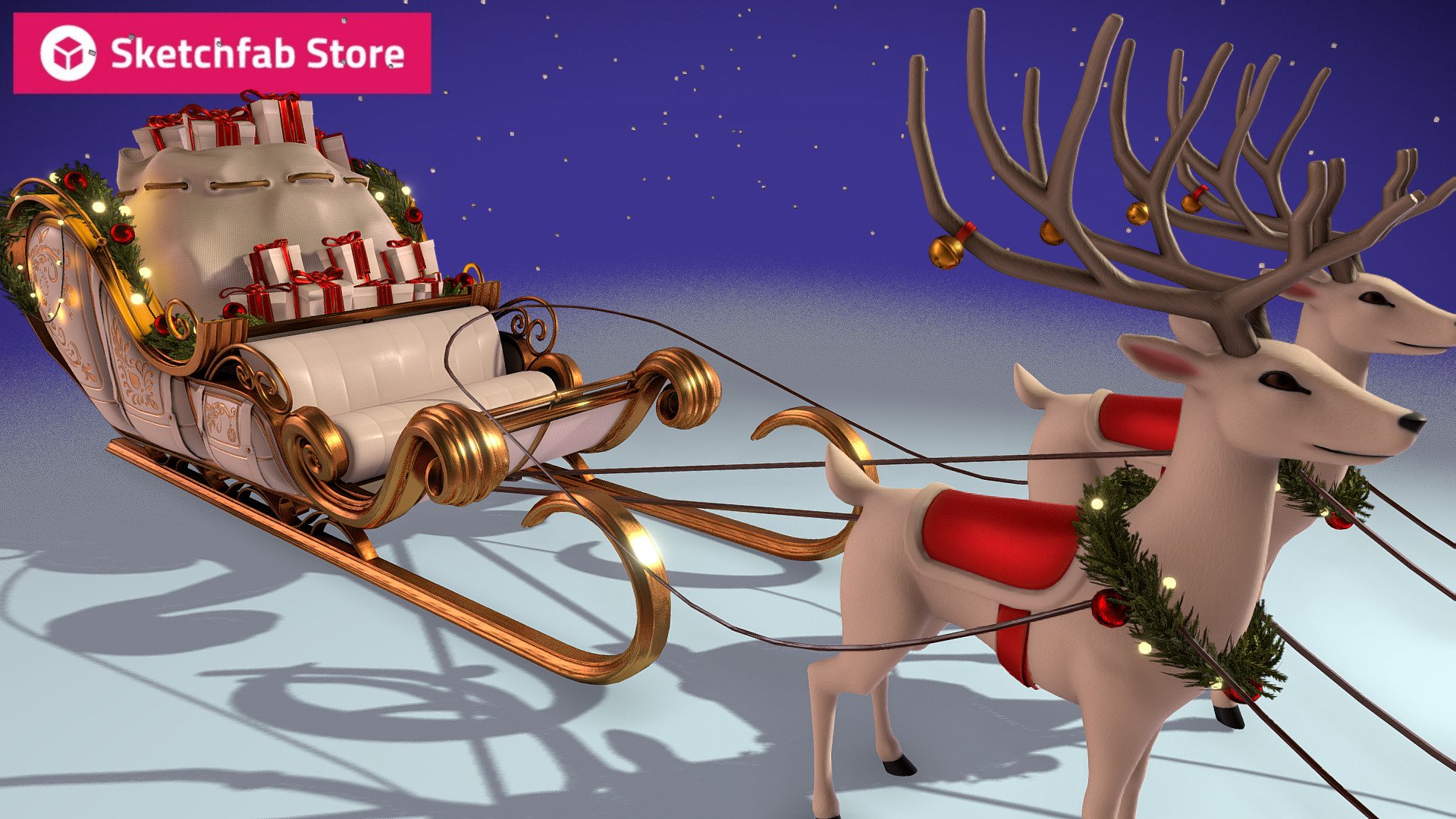 Santas Sleigh with reindeers 3d model