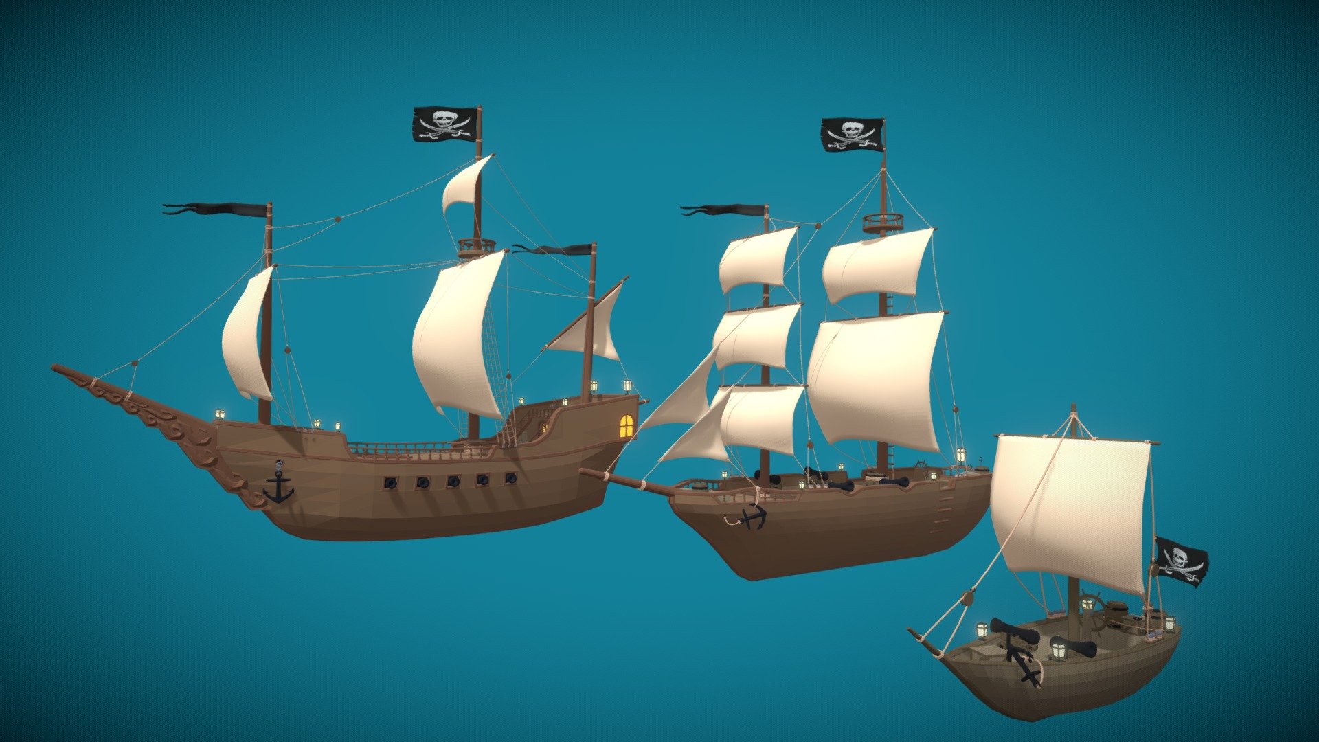 Stylized Low Poly Pirate Ship Pack 3d model