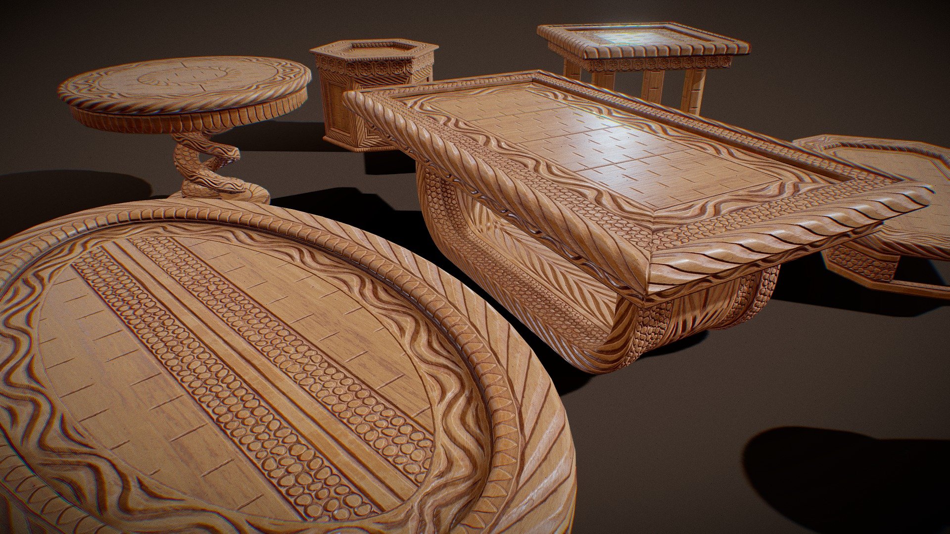 Carved Antique Wooden Tables Pack 3d model