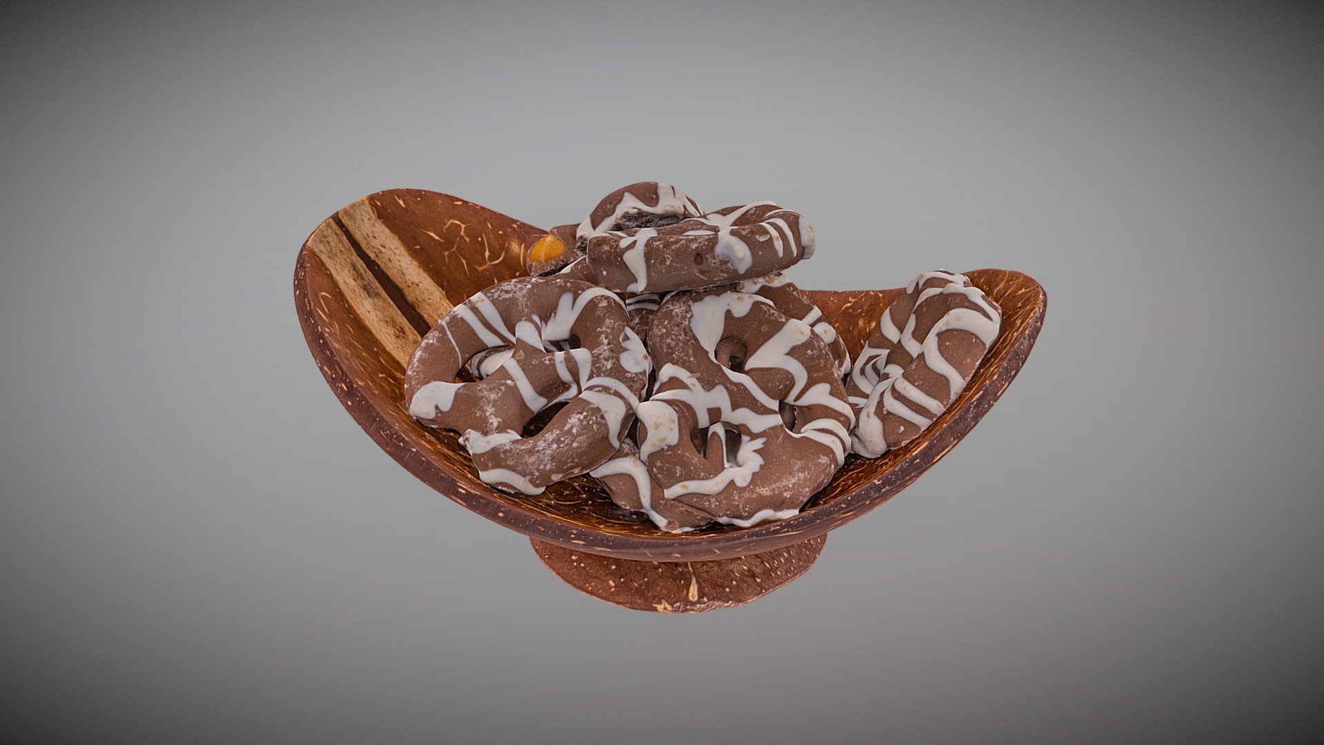 Chocolate Covered Pretzels in Coconut Bowl 3d model