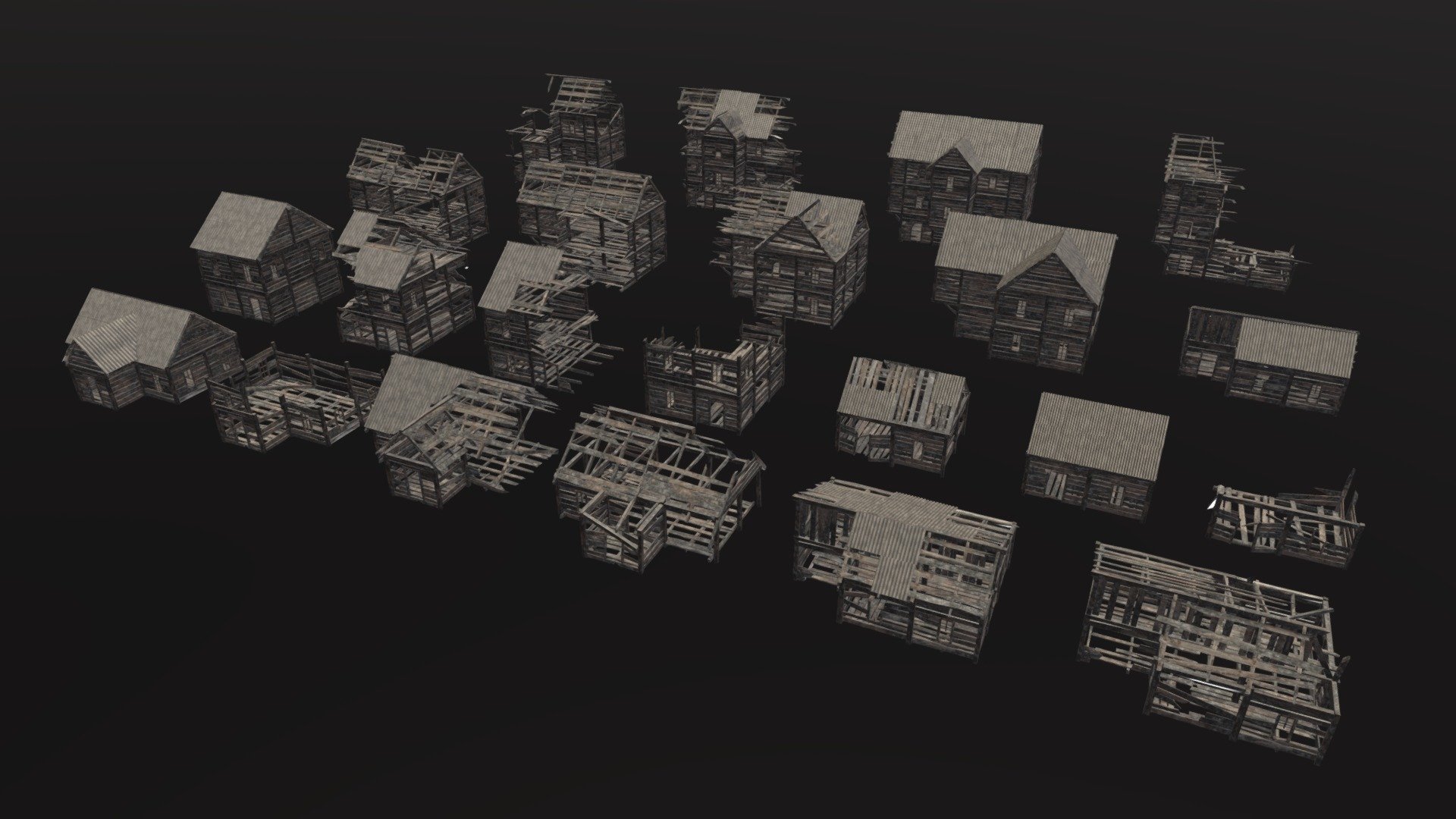 Burned Wooden Buildings 3d model