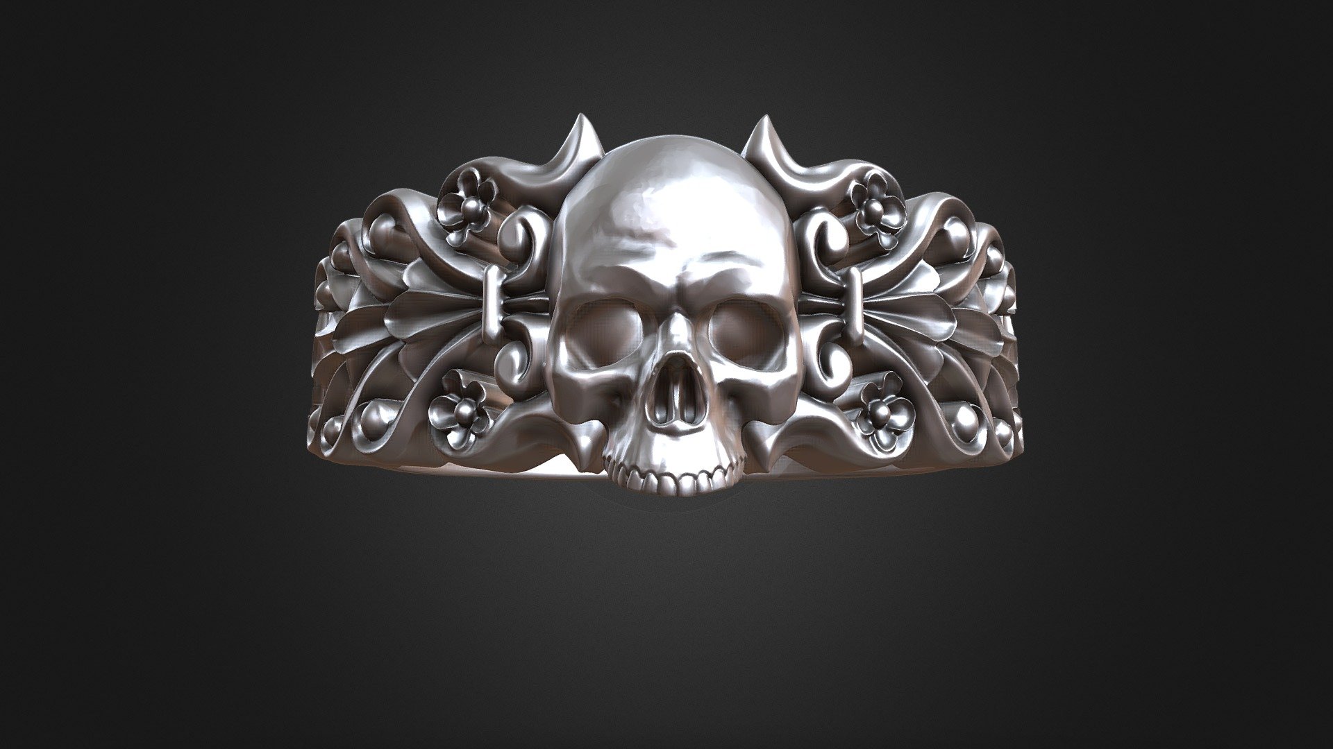 Skull ring baroque floral scrolls 3d model