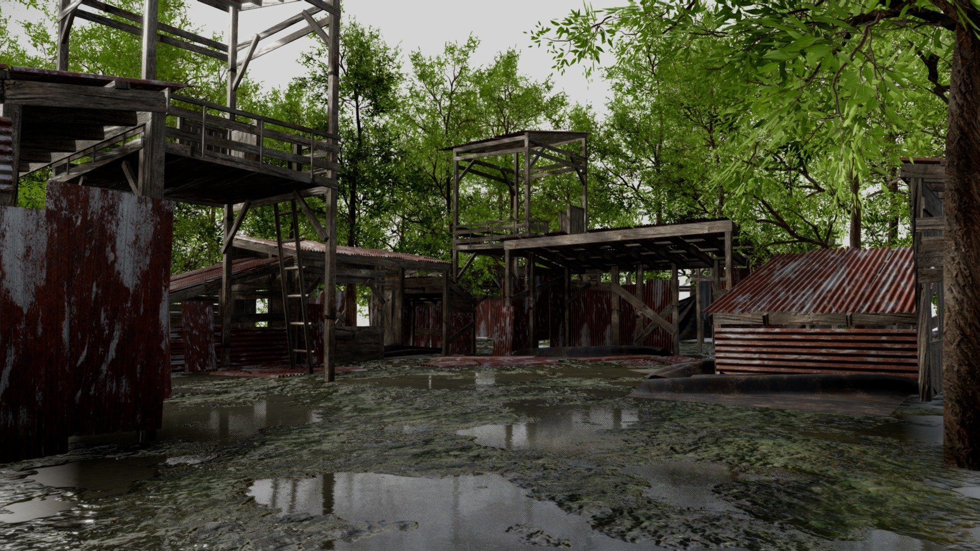 Abandoned Wooden Shacks with Trees 3D Scene 3d model