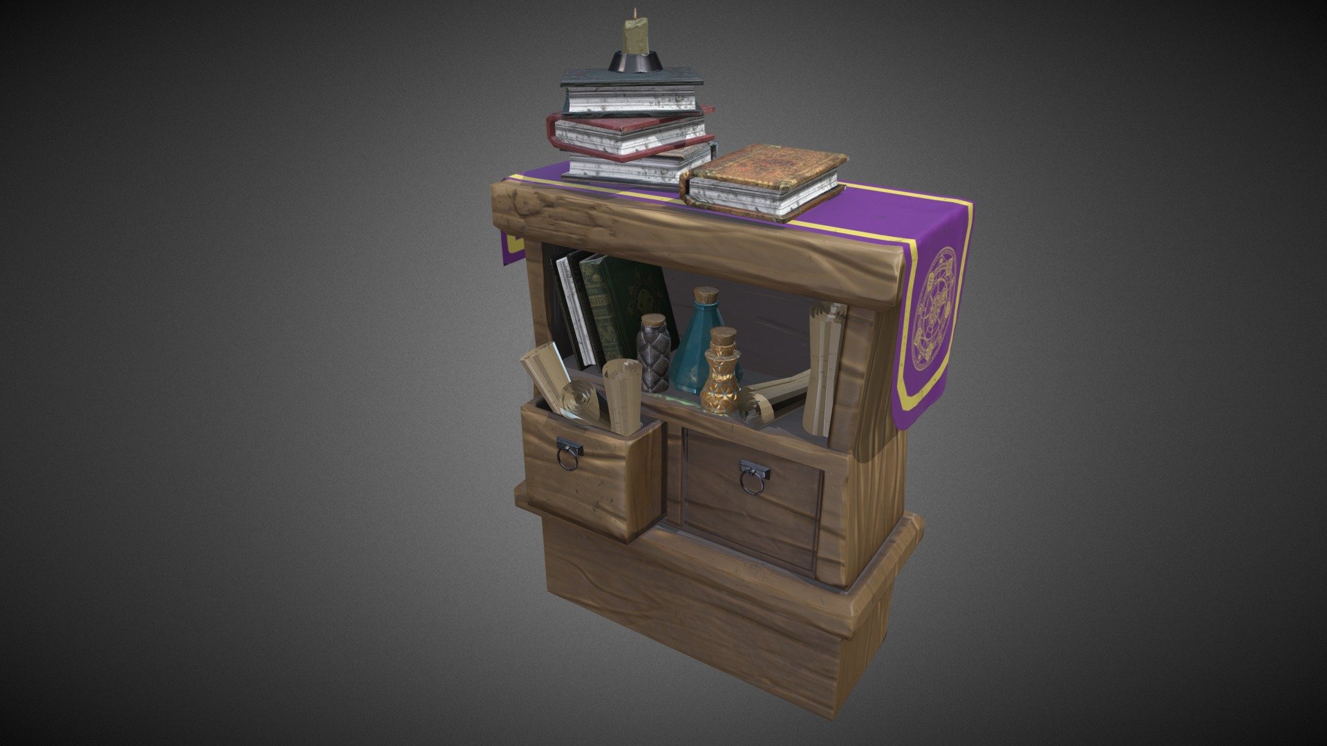 Stylized medieval wide cabinet (Gameready) 3d model