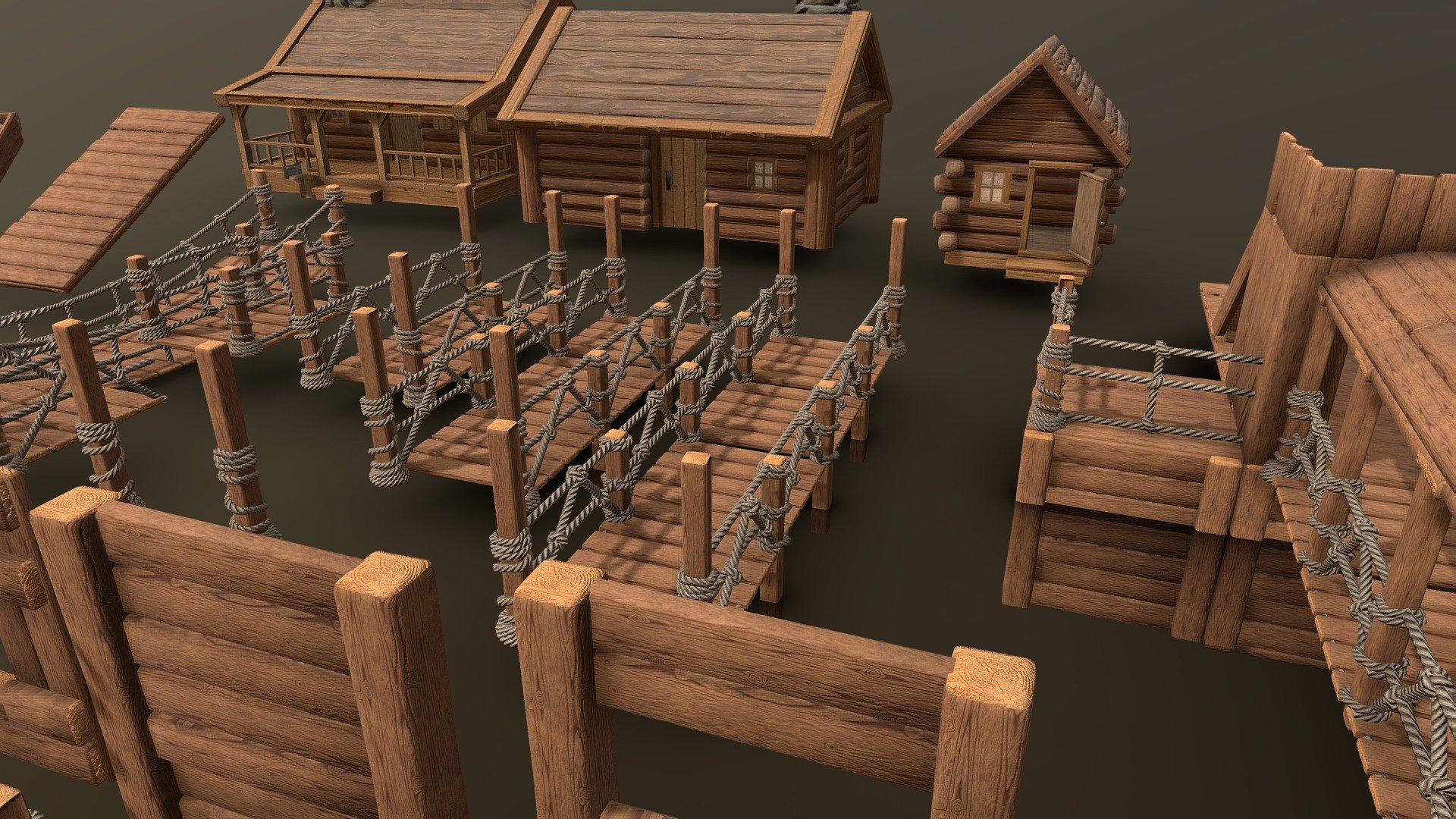 Modular Wooden Fort Pack w/ Cabins [35+ Parts] 3d model