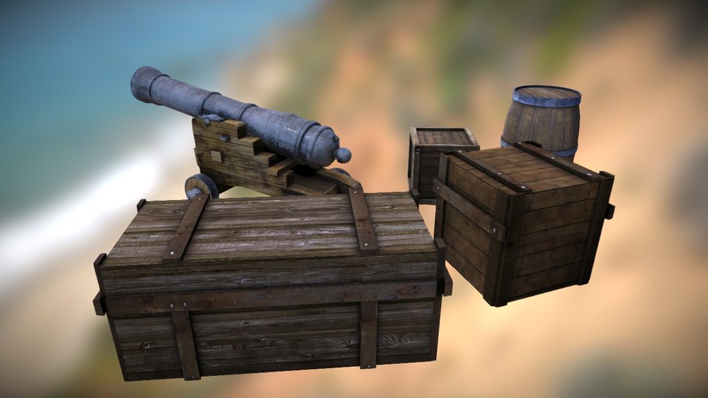 Canon, barrel and crates 3d model