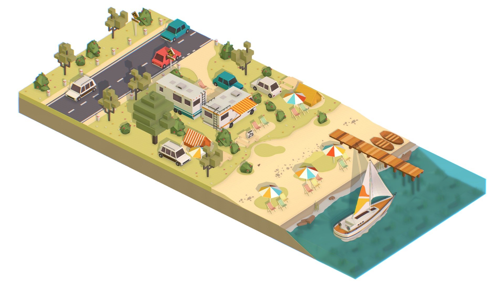 isometric camping scene on the river 3d model