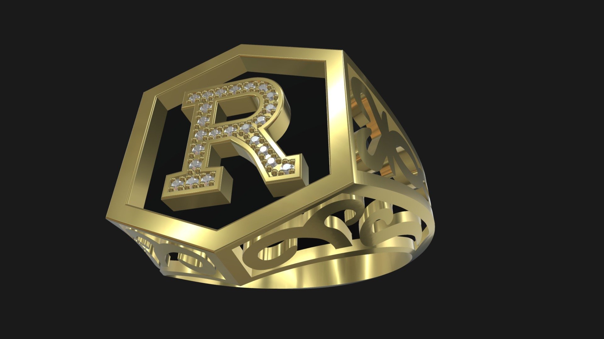 SIGNET RING WITH LETTER R AND SCROLL WORK 3d model