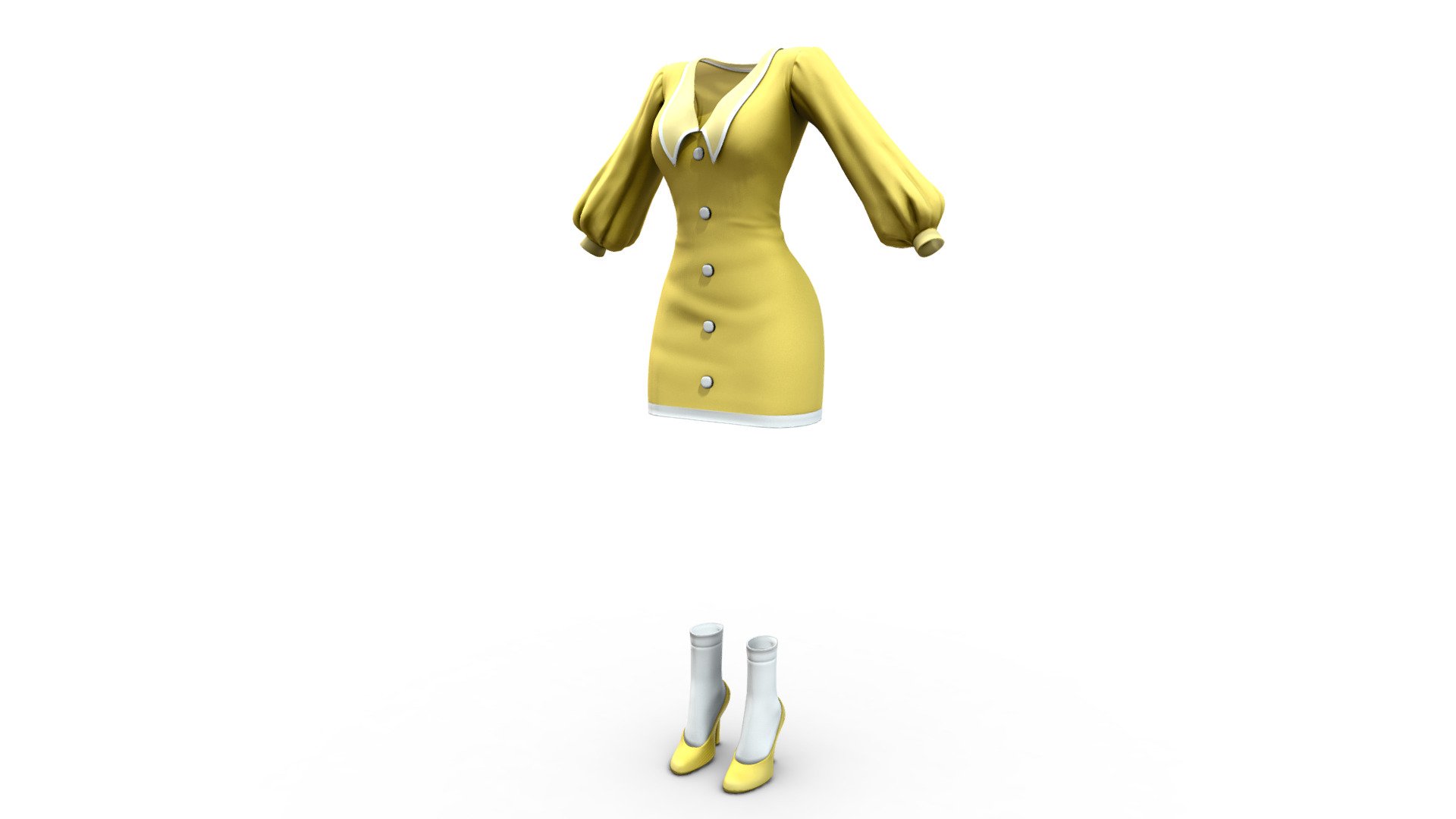 Female Yellow Retro Dress With High Heels Shoes 3d model