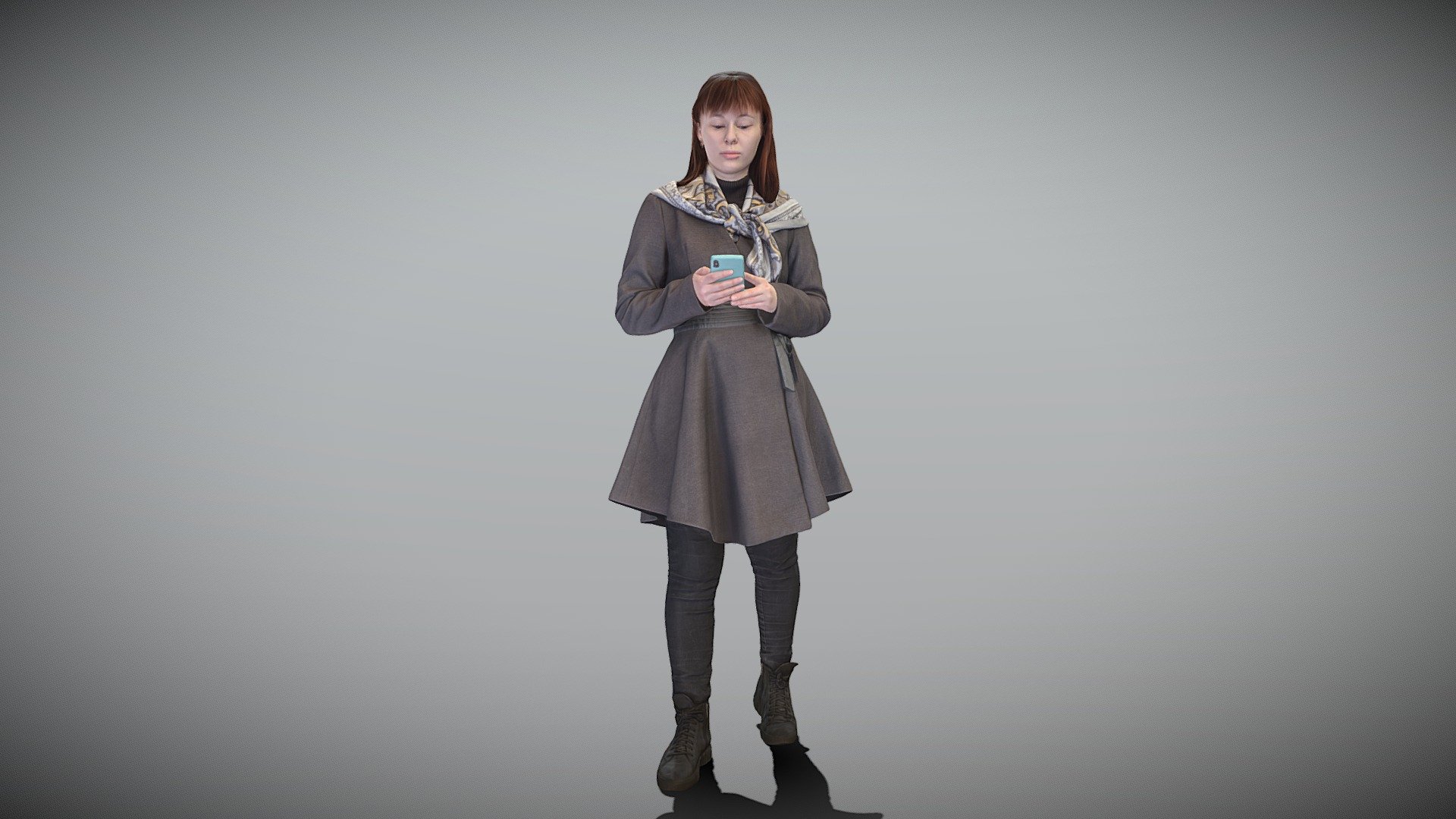 Woman in coat using smartphone 428 3d model