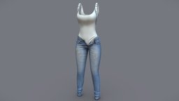 Female Unbuttoned Ripped Denim And Bodysuit