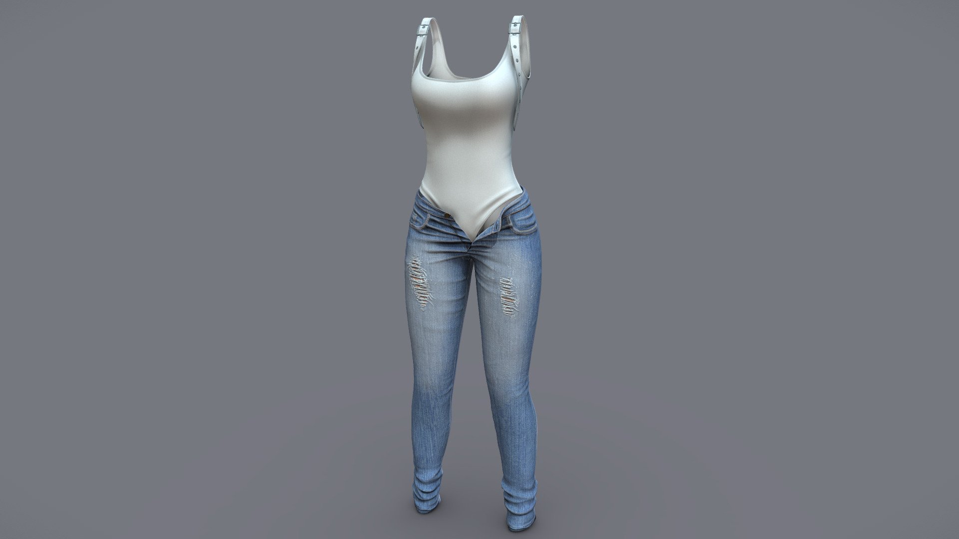 Female Unbuttoned Ripped Denim And Bodysuit 3d model