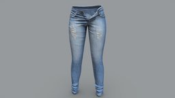 Female Unbuttoned Ripped Effect Denim Pants