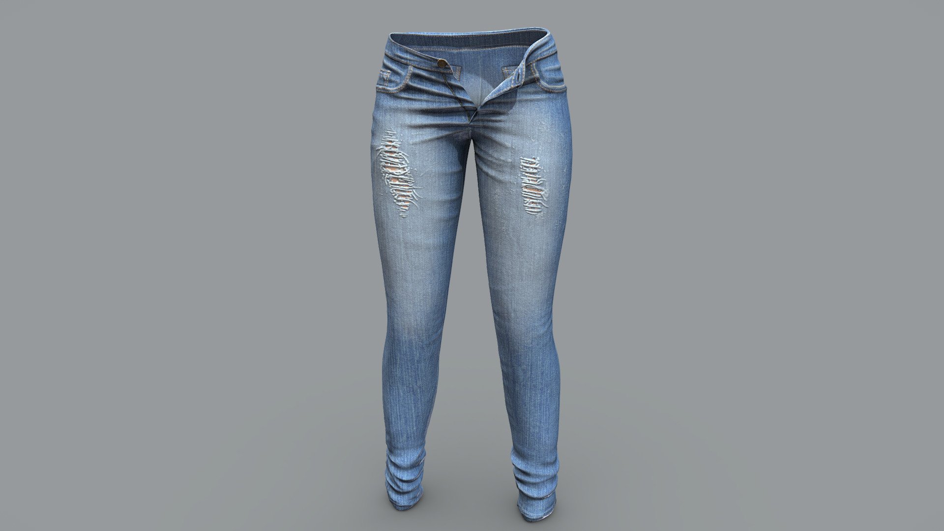 Female Unbuttoned Ripped Effect Denim Pants 3d model