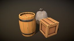 Stylized lowpoly containers barrel, box sack bag