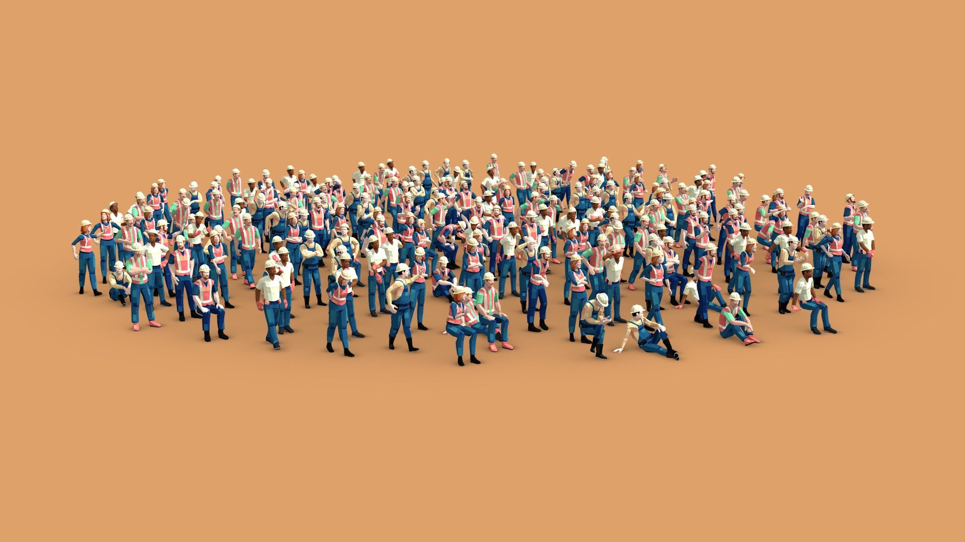 200 Posed Construction Workers Low-Poly Style 3d model