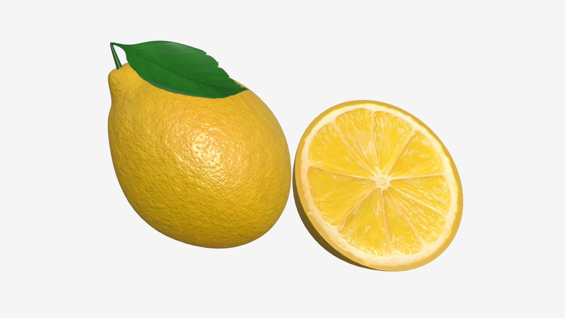 Fresh lemon with slice and leaf 3d model