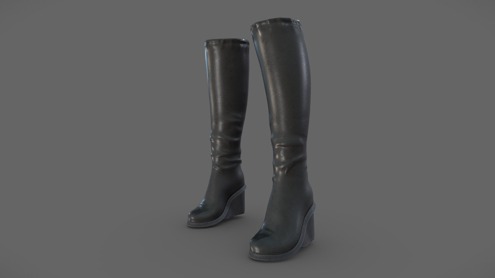 Female Black Leather Wedge Heels Calf Boots 3d model