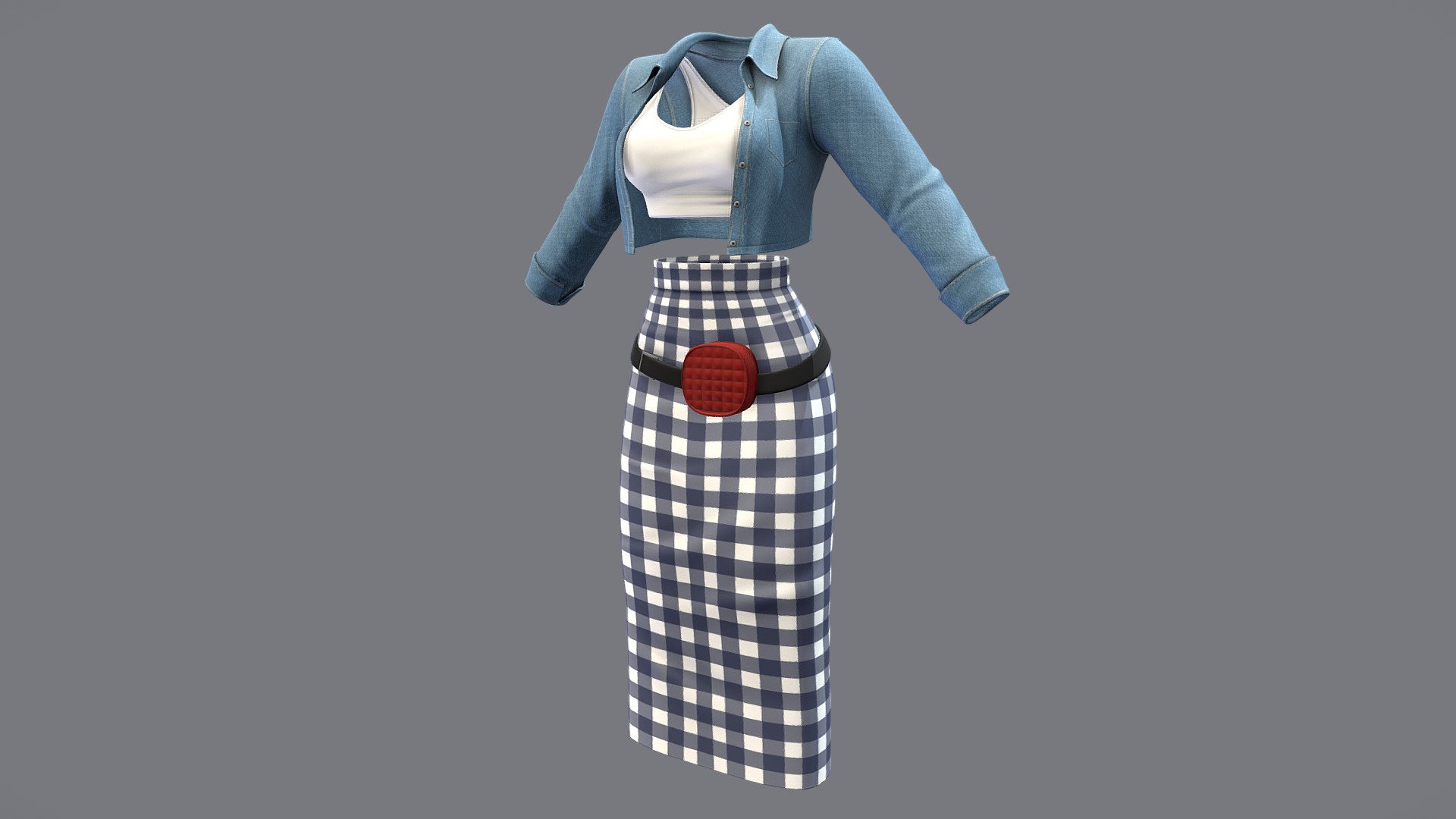 Female Gingham Skirt Denim Jacket Casual Outfit 3d model