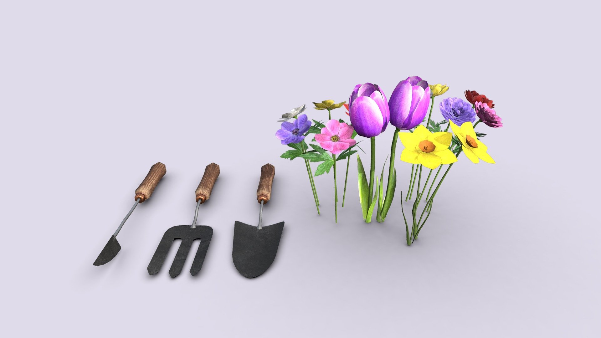 Gardening flowers and tools pack 3d model