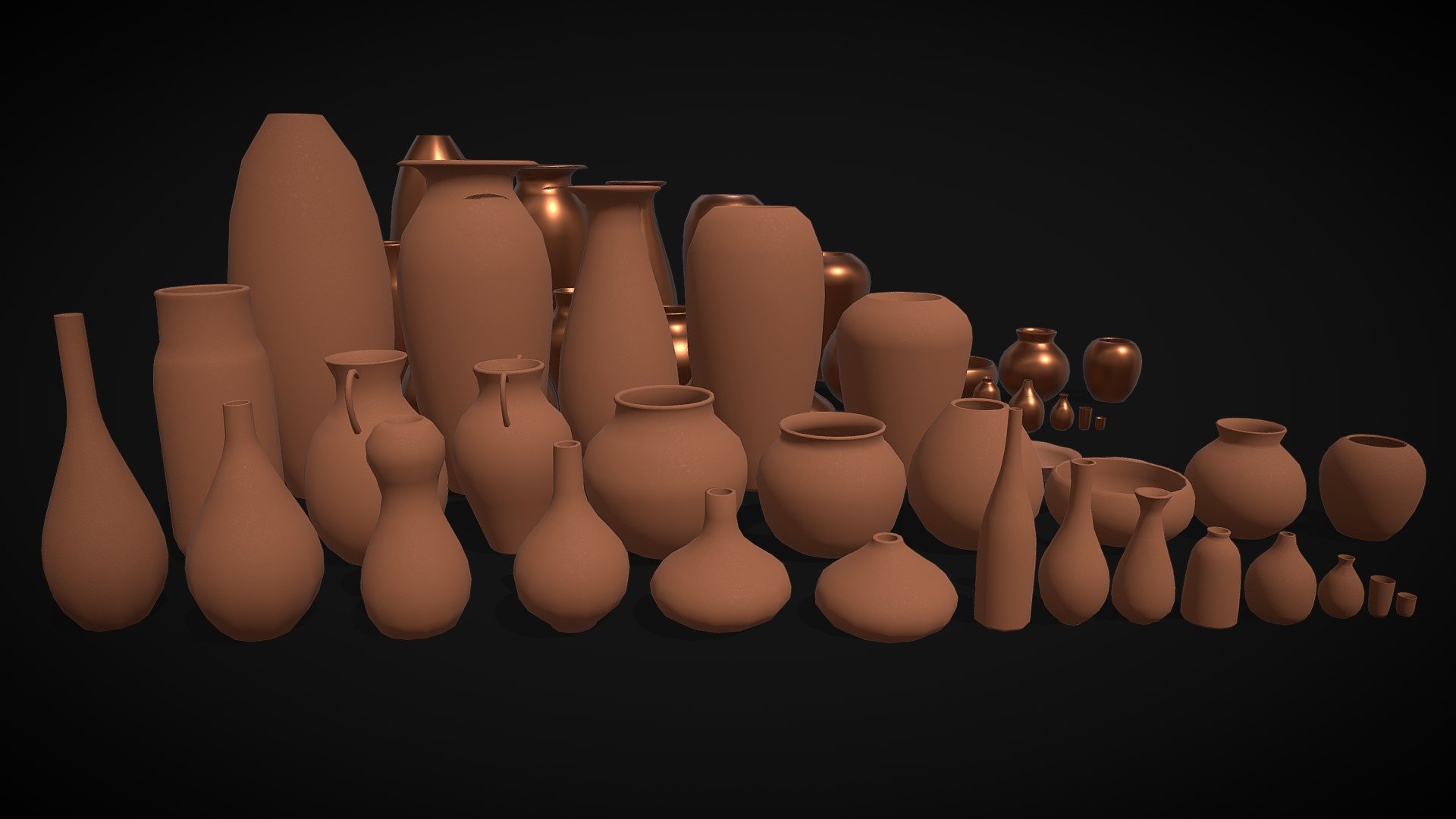 Low poly mud and copper pots 3d model