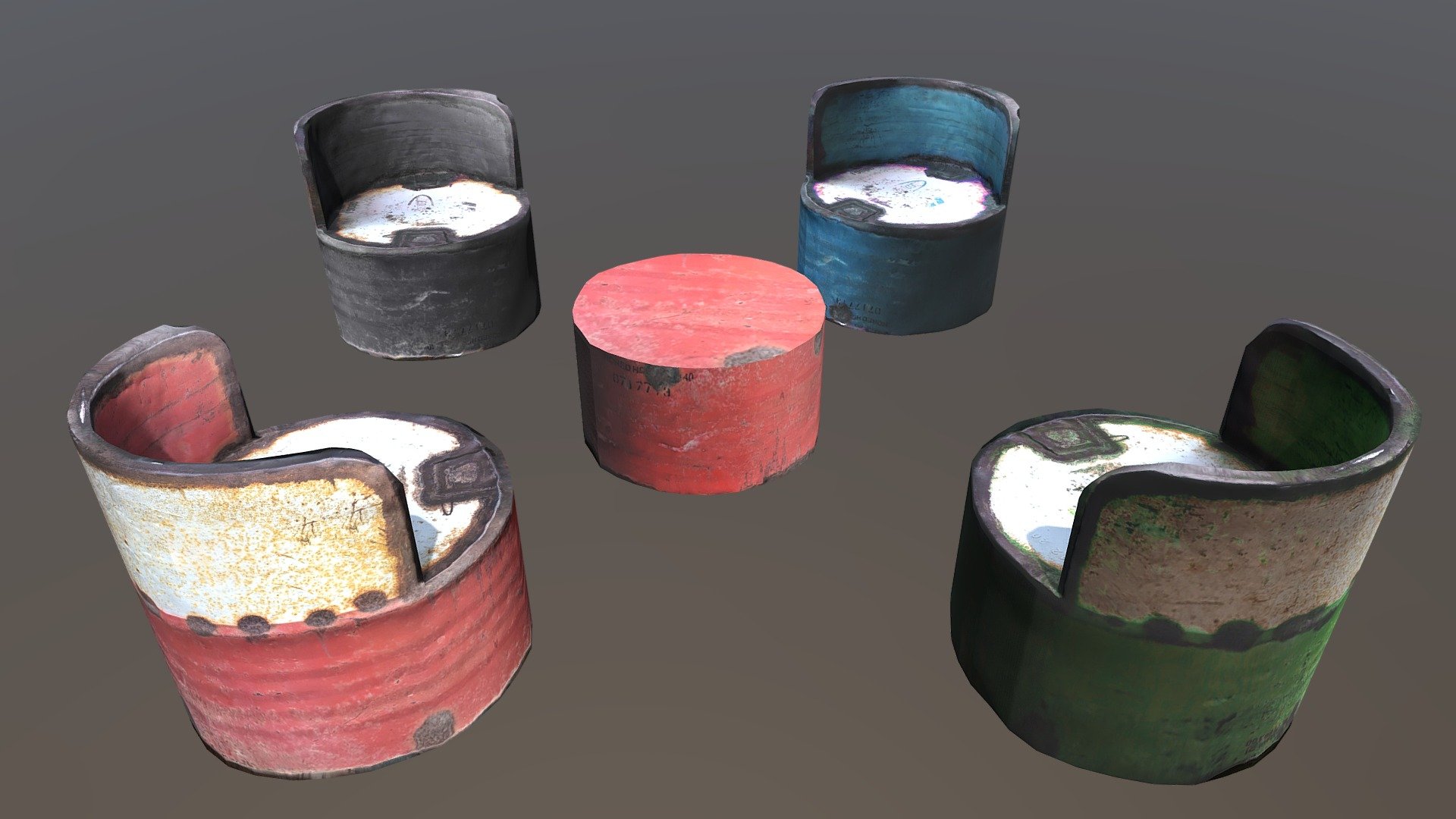 Upcycled Petrol-Barrel Chairs and Table Set 3d model