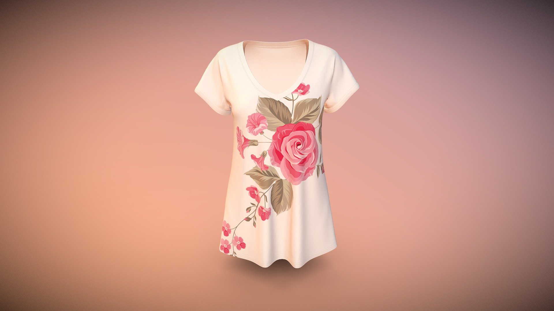 Boat Neck Soft Touch T-shirt Flower Print 3d model