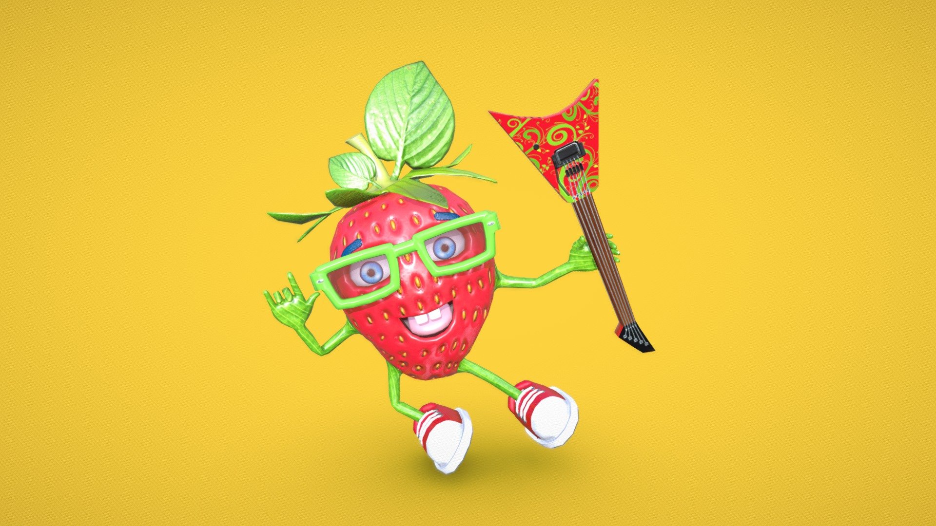 Rock star Strawberry low poly character 3d model